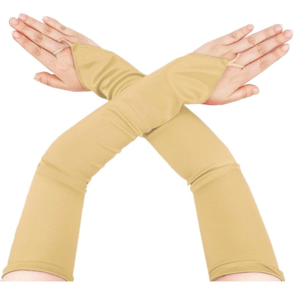 Women's Gold Long Satin Finger Loop Fabric Gloves Opera Party Prom Costume